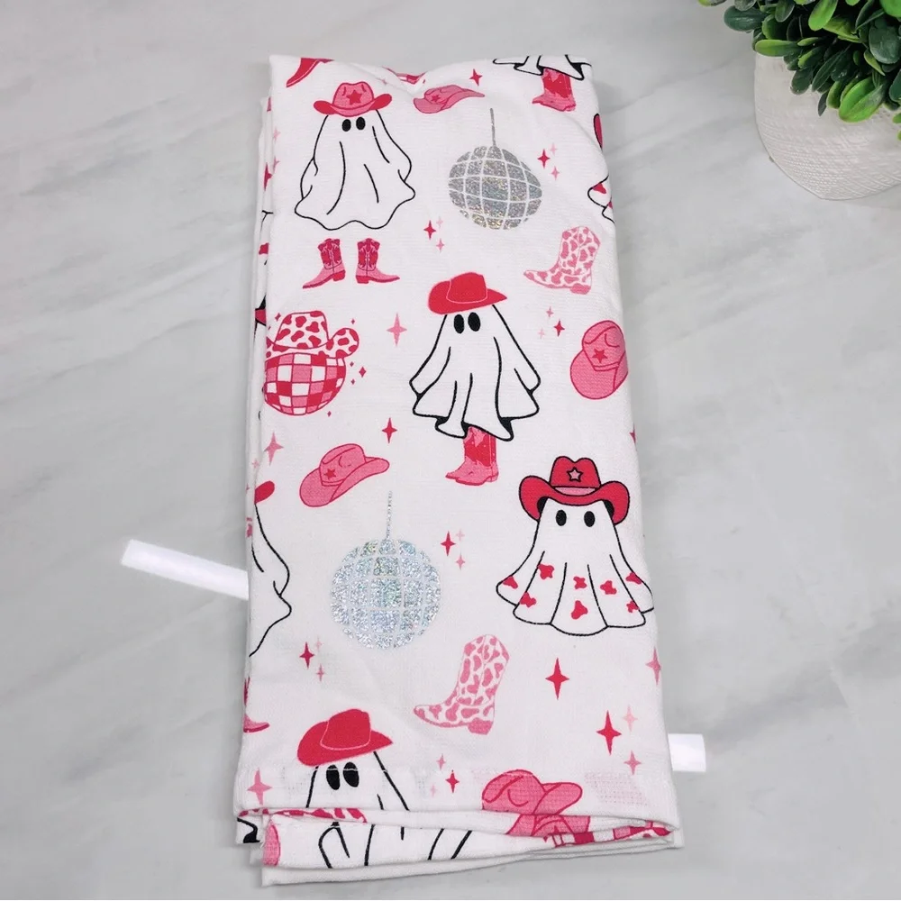 Isaac Mizrahi New York Let's Go Ghouls Pink Cowboy Ghost Kitchen Towels Set of 2